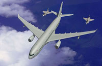 Artists impression of the RAF's A330-200 Future Strategic Tanker refuelling two RAF Typhoons