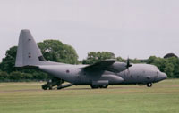 RAF Hercules C130J C4/5 deploying an Army Landrover following a tactical landing at RAF Cosford Airshow