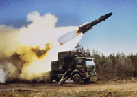 RBS-15 Anti-ship missile being fired from ground launcher